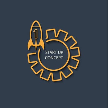 Vector startup concept in flat style - signs and banner - new business. Yellow stylish linear icon with shadow on dark gray background, vector.