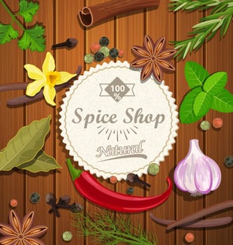 Spice shop paper emblem with different spices on the wood background. Vector illustration.