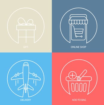 Outline e-commerce web icon set - gift, delivery, online shop, bag. Modern vector logo collection concept.
