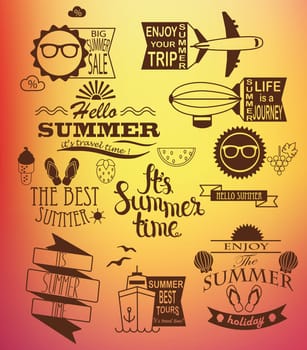 Summer holidays design elements and typography set. Retro and vintage templates. Labels and Badges, Posters. Vector set. Hello summer and holiday, summer sale and travel inscription.