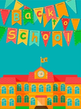 Back to school - vector flat illustrstion with flag and building.