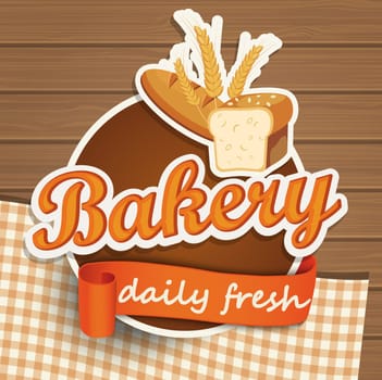 Bakery vintage bread sticer with ribbon and wooden background, vector illustration.