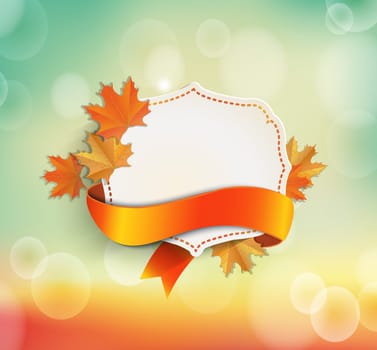 Vintage frame with place for text and ribbon with autumn leaves on a beautiful natural background Abstract vector illustration