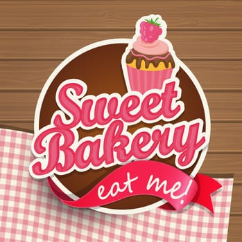 Sweat bakery vintage sticer with ribbon and wooden background, vector illustration.