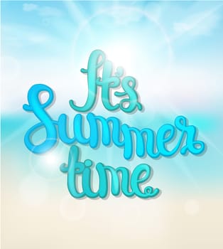 Summer blue background with hand made calligraphic inscription. Summer typography design, vector illustration.