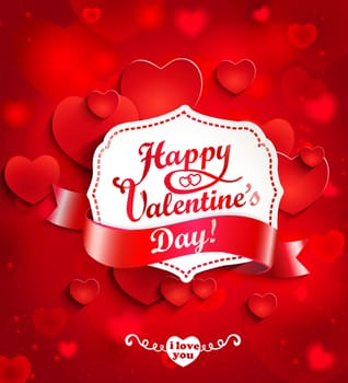Valentines day background with hearts and vintage frame and ribbon for text in paper style