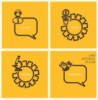 Vector support, business grown, research, partnership in flat style - signs and banner. Gray stylish linear icons with shadow on dark yellow background, vector.