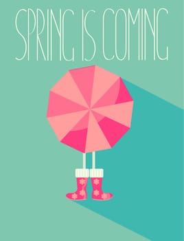 The vector illustration of a spring season in flat style of people with a bright umbrella and boots with the inscription made by hand the Spring is coming.