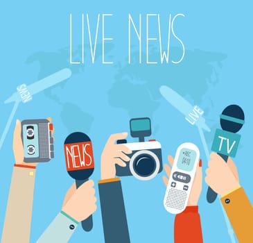 Journalism concept vector illustration in flat style.Vector live report concept, live news, hands of journalists with microphones, camera and tape recorders.