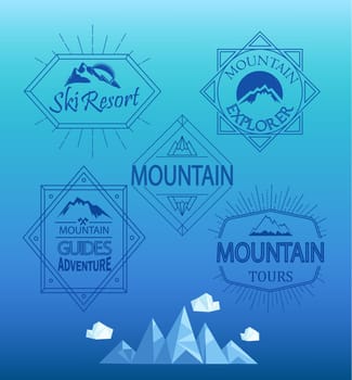 Vector mountain logos and emblems in outline style. Set of Retro Vintage Insignias and Logotypes. Labels, Badges, Frames and Other Design Elements.