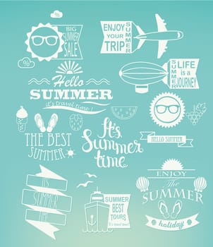 Summer holidays design elements and typography set. Retro and vintage templates. Labels, Badges, Posters.