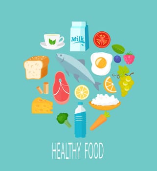 Natural food, vector illustration set in flat style.