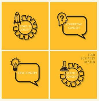 Vector startup, idea, consulting, science concepts in flat style - signs and banner. Gray stylish linear icons with shadow on dark yellow background, vector.