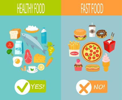 Healthy food and fast food, vector infographic.