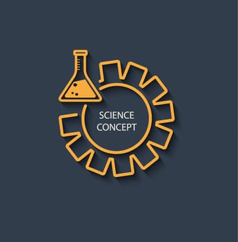 Icon for a science concept. Logo science - the yellow test tube with a gear on a dark gray background, flat design.