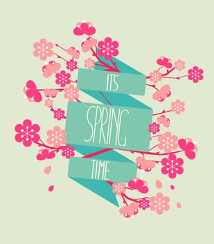 Vector illustration - spring season - cherry blossoms on a background of vintage ribbon with the inscription Spring is coming.