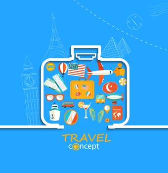 Concept of the travel - path of the suitcase in paper style with shadow and with flat icons of a sky-blue background , vector.