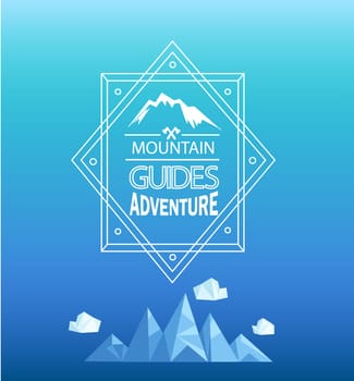 Vector mountain emblem in outline style. Geometric crystal mountain and clouds in polygon style.