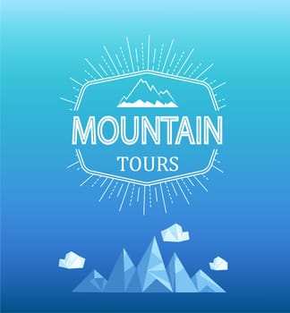 Vector mountain emblem in outline style. Geometric mountain and clouds in polygon style.