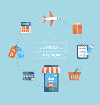 Flat design modern vector illustration infographic concept of purchasing product via internet, mobile shopping communication and delivery service.