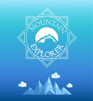 Vector mountain emblem. Geometric crystal mountain and clouds.