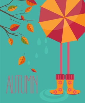 Vector illustration of a autumn season in flat style - tree with leafs and girl with a bright umbrella and boots with the inscription made by hand the Autumn.