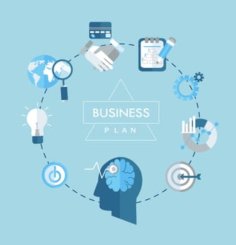 Business plan concept flat icons illustration. Vector emblem in outline style