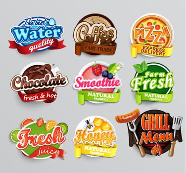 Set of stickers of food - farm fresh and pizza, fresh juice and grill, water, chocolate and coffee, smoothie and honey . Vector.