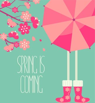 Vector illustration of a spring season in flat style - cherry blossoms and people with a bright umbrella and boots with the inscription made by hand the Spring is coming.