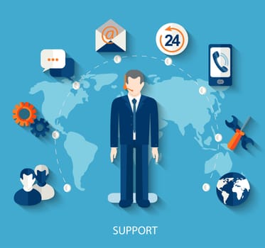 Modern vector illustration icons set in flat style of technical support with long shadow. Man with icons. Vector.