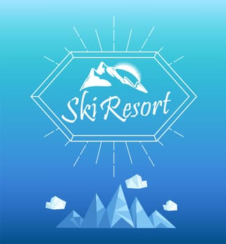 Vector mountain emblem in outline style. Geometric crystal mountain and clouds.