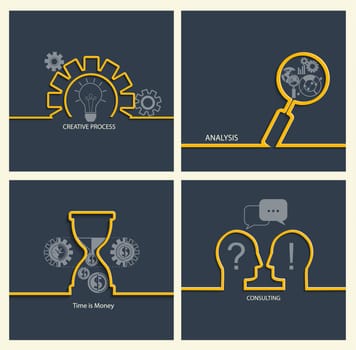Set of business concepts - time is money, consulting and idea, support, vector illustration.