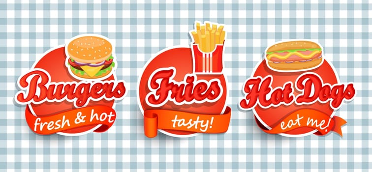 Fast food Label or Sticer - burgers, pizza, hot dog, fries - Design Template. Vector illustration.