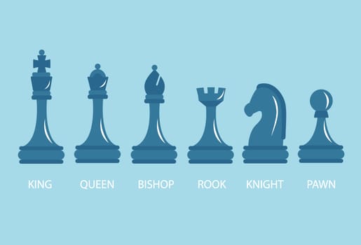 Set of chess pieces - pawn and rook, Bishop and knight, Queen and king, vector illustration.