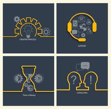 Set of business concepts: time is money, consulting, support and teamwork, vector illustration.