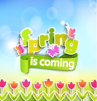 Inscription Spring is coming on the bokeh background in paper style with butterfly, ribbon,flowers.