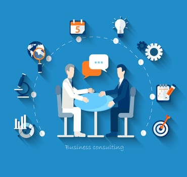 Flat design vector concepts for business, finance, strategic management, investment, natural resources, consulting, teamwork, great idea. Businessmen conduct negotiations at a table.