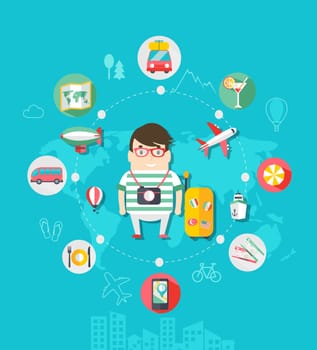 Bright modern vector illustration icons set in flat style of traveling, planning vacation. Flat desing style. Vector.