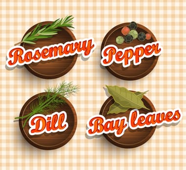 Stickers with wooden texture and names of spices.