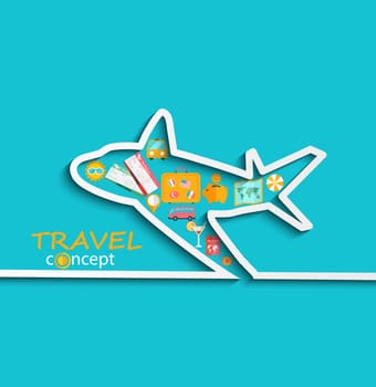 Concept of the travel - path of the aircraft in paper style with shadow and with flat icons of a bright sky-blue background , vector.