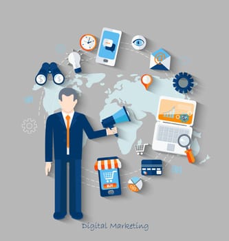 Flat design modern vector illustration icons in stylish colors of business working elements for digital marketing. Vector.