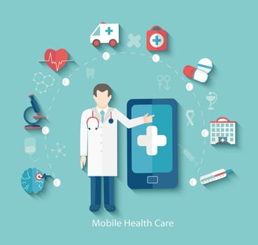 Set of flat design concept icons for web and mobile phone. Medical concept, infographic in flat style with doctor, vector.