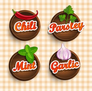 Stickers with wooden texture and names of spices, a vector illustration.