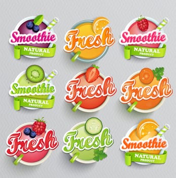 Set sticers smoothie with ribbon and freshes grapefruit and carrot, cucumber and raspberries, blueberries and strawberries, kiwi and orange, lime. Vector.