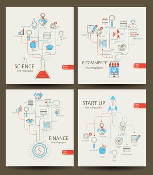 Vector flat linear Infographic startup, finance, e-commerce, science concept in flat style - signs and banner - new business. Outline concept.