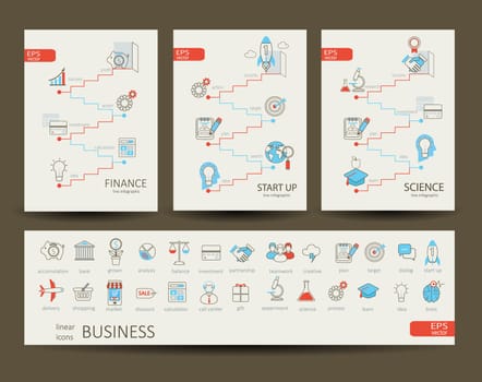 Flat design modern vector illustration infographics outline finance, science, start up concept. Set of 28 flat lianer icons, for web, internet, mobile apps, interface design.