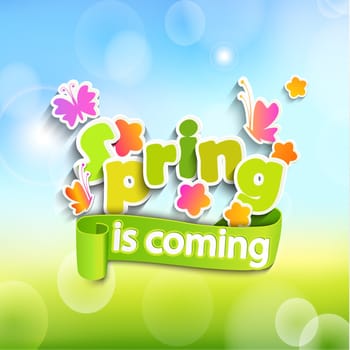 Inscription Spring is coming on the bokeh background in paper style with butterfly, ribbon,flowers.