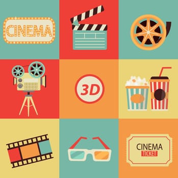 Set of movie design elements and cinema icons in flat style. Vector.