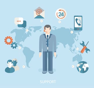 Modern vector illustration icons set in flat style of technical support with long shadow. Man with icons. Vector.