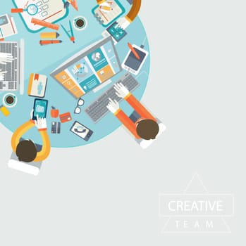 Business meeting, teamwork and brainstorming in flat style.